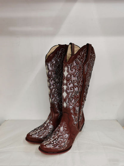 Rhinestone Hollow Flower Stiched High Boots