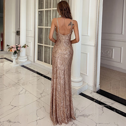 Women V Neck Sequin Spaghetti Strap Maxi Dress Party Dress