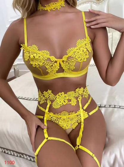 Lace Stitching  Lace-up Lingerie 4-piece Set