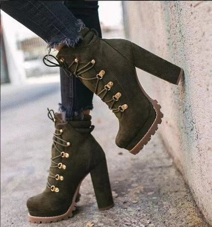 Round Toe Lace UP High Heels Boots Mid Calf