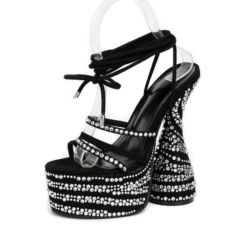 Round Head Rhinestone Thick Ultra-high Heel Sandals