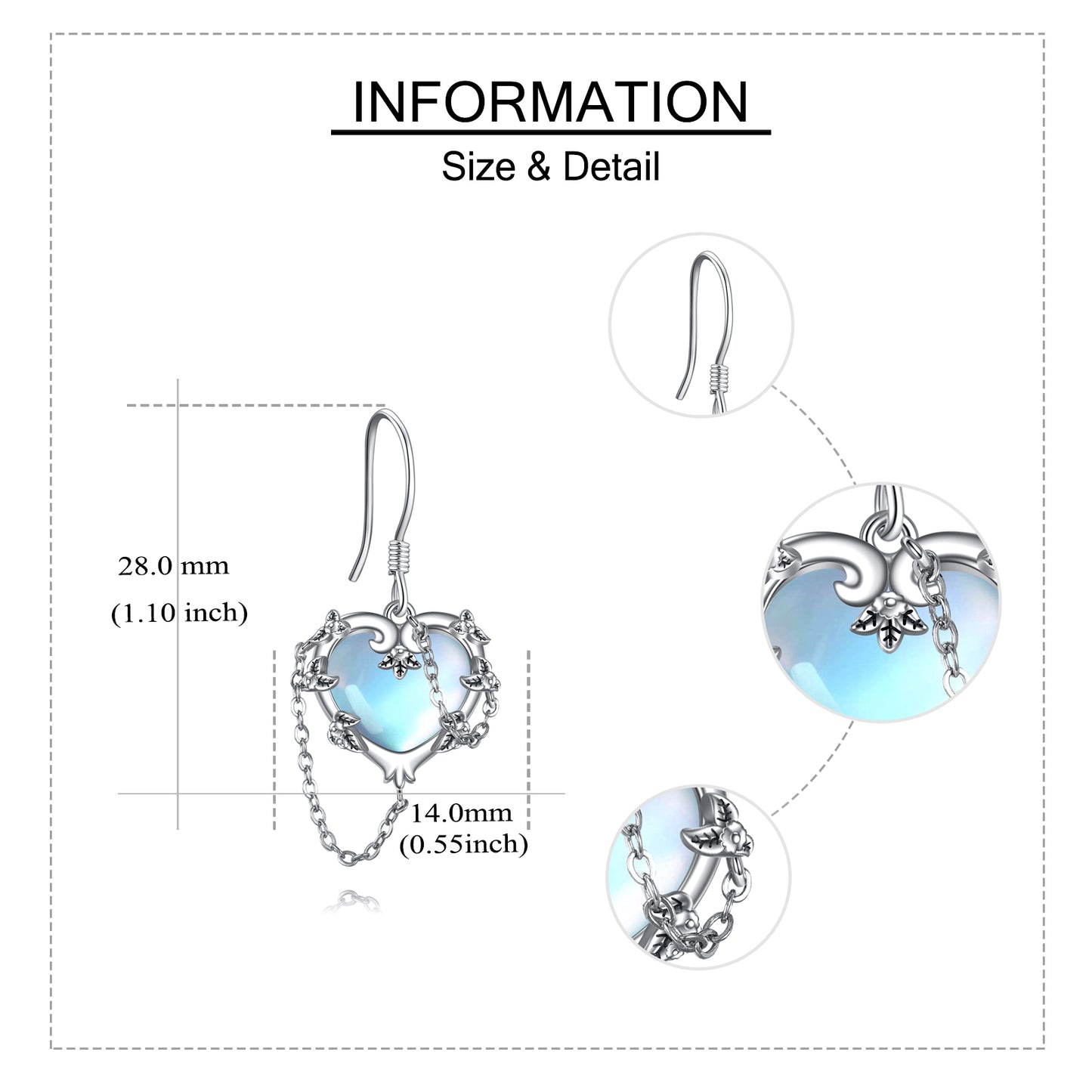 Pendientes de piedra lunar con forma de corazón de brujas, joyería de plata de ley 925 para mujer