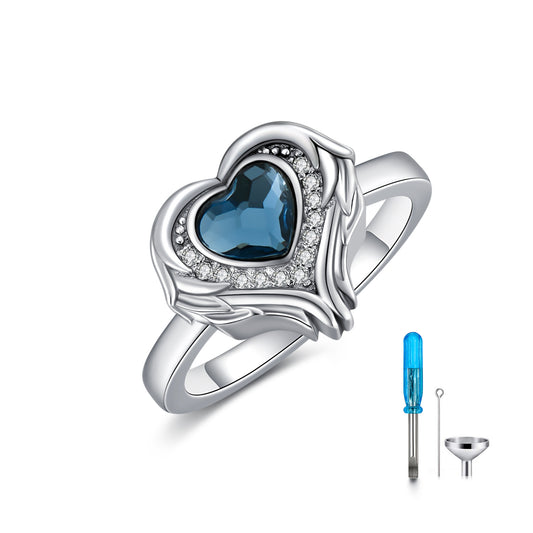 .925 Sterling Silver Angel Wing Heart Cremation Urn Ring