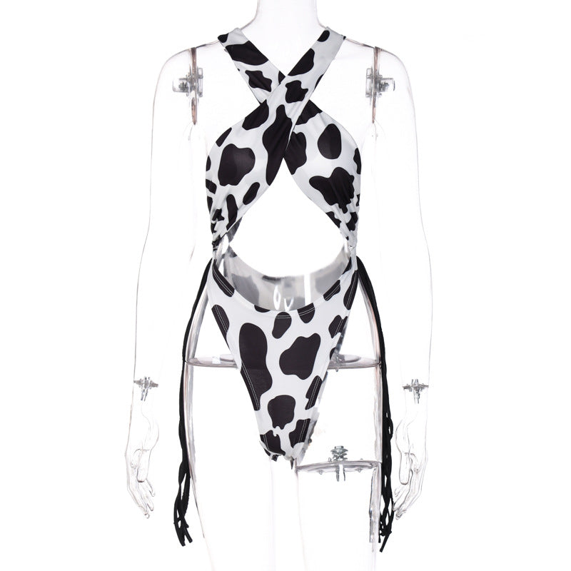 Ins New Fashion Cow Print Sexy Cross Jumpsuit