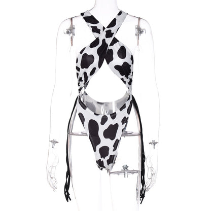 Ins New Fashion Cow Print Sexy Cross Jumpsuit