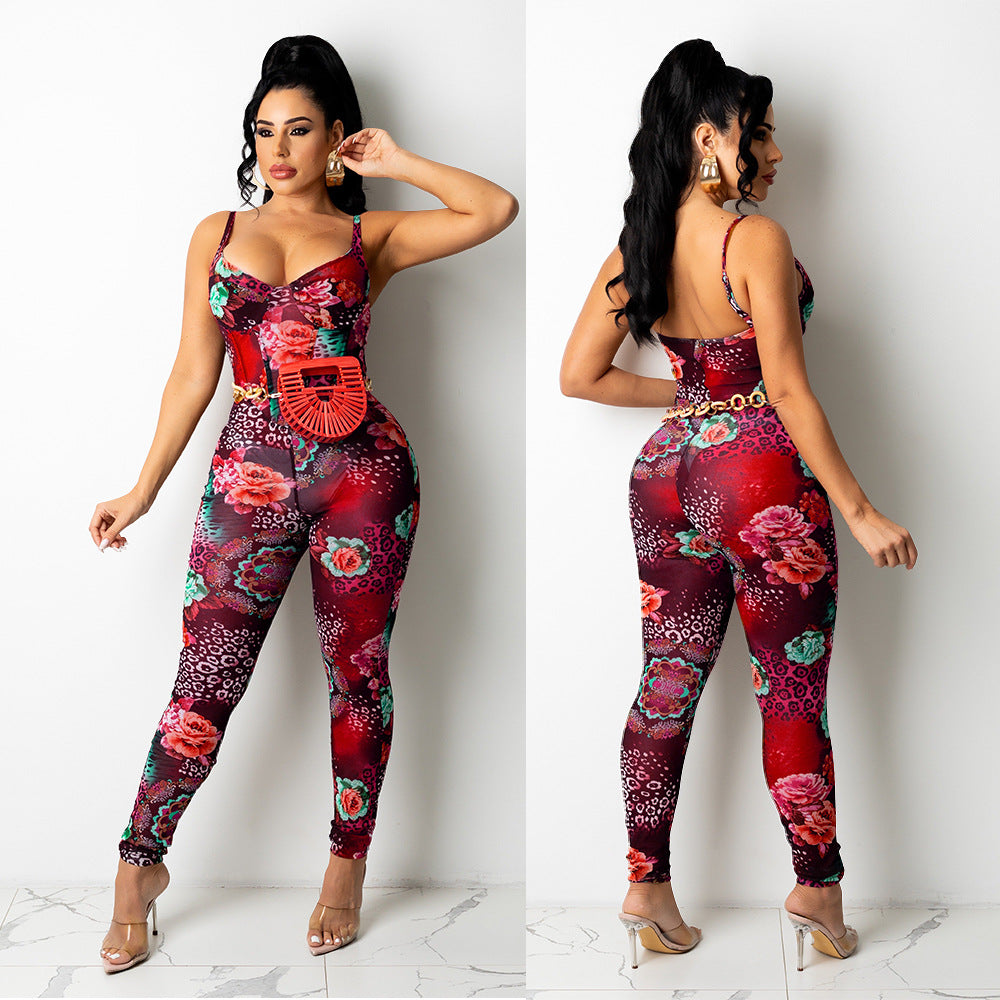 Women's Mesh Printed Jumpsuit Trousers