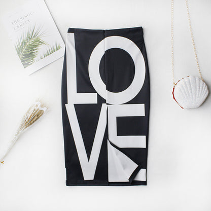 Letter Printed Love Sheath Split One Step Skirt