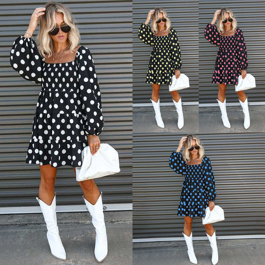 Polka Dot Print Square Neck Lantern Long Sleeve Panel Casual Dress