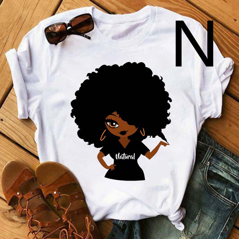 Camiseta de manga corta con estampado de niña negra africana para mujer