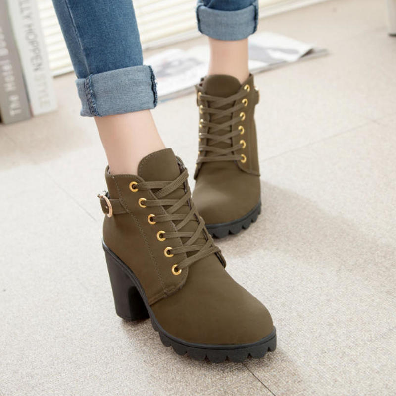 Women  Women Martin Boots Woman Ankle Boots Lace-up Ladies High Heel Shoes Vintage Women Boots