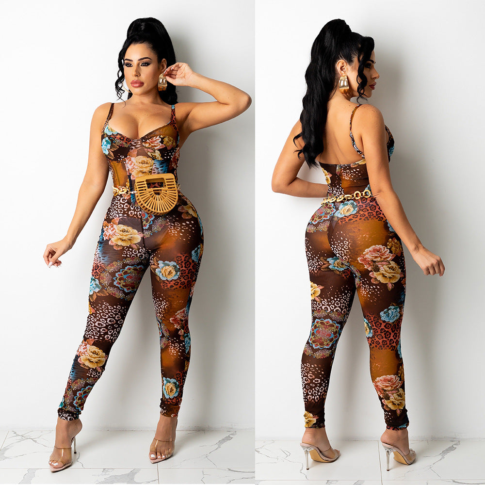 Women's Mesh Printed Jumpsuit Trousers