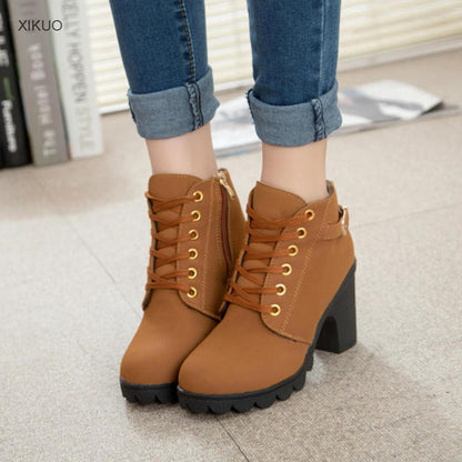 Women  Women Martin Boots Woman Ankle Boots Lace-up Ladies High Heel Shoes Vintage Women Boots