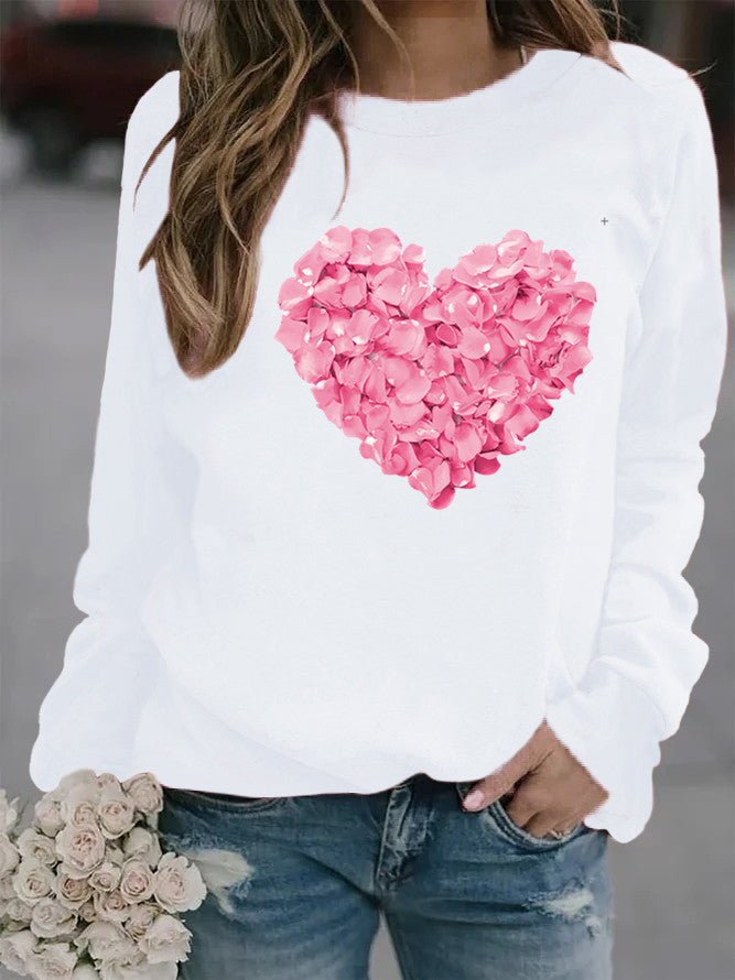 Valentine's Day Love Heart Flowers Printed Crew Neck Sweatshirt