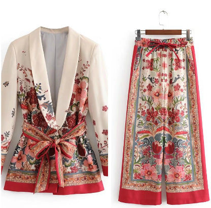 Autumn Women's New Casual Suit Jacket With Belt Printing  Wide-leg Pants Suit