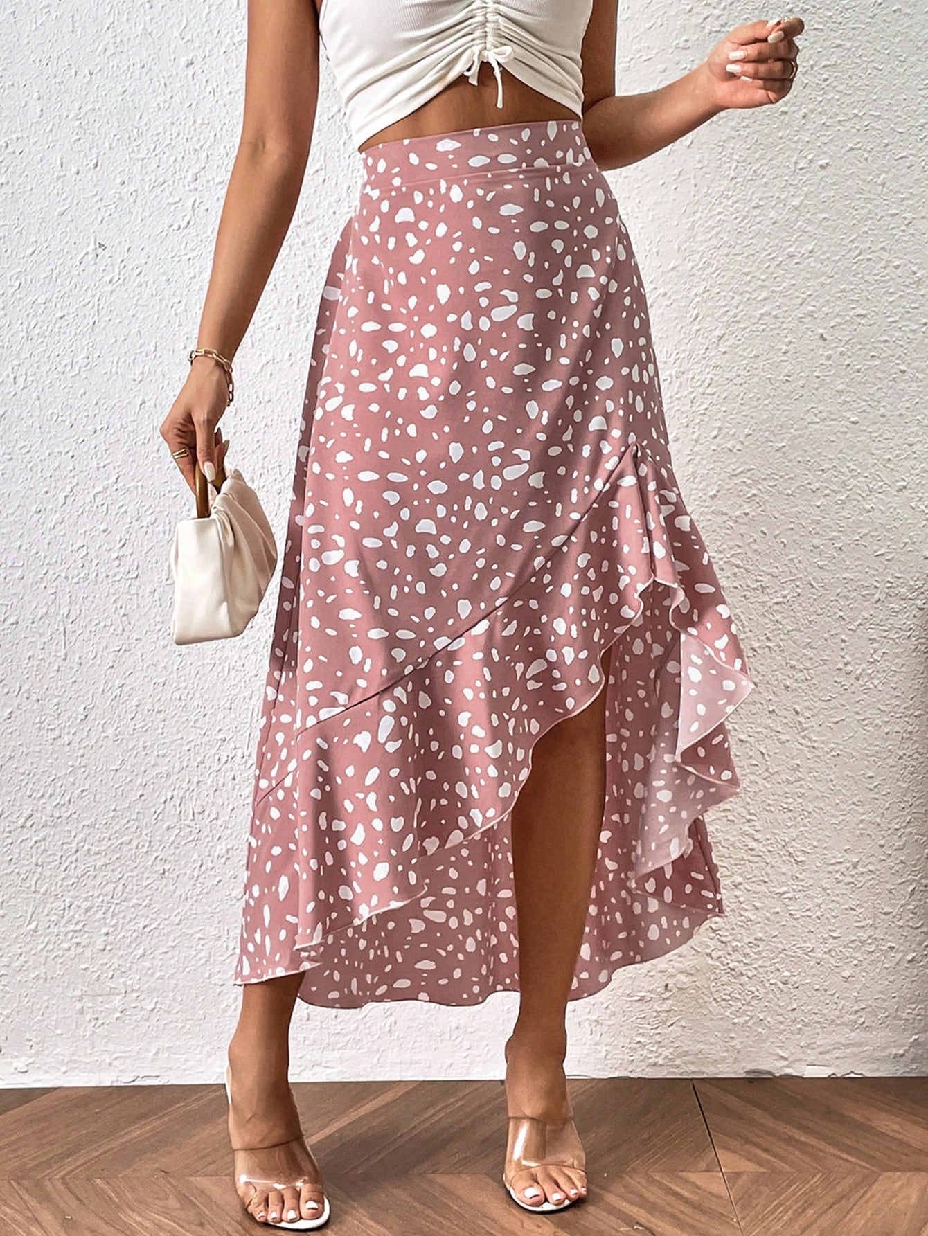 Ruffled Printed Irregular Swing Skirt