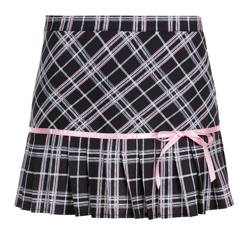 Low Waist Plaid Retro Pleated Skirt Women's