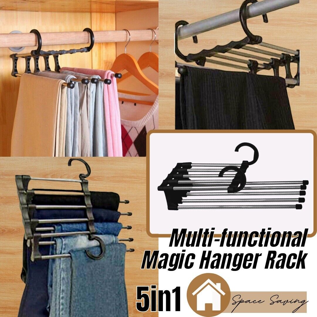 5 In1 Multi-functional Pants Rack Shelves Stainless Steel Wardrobe Magic Hanger