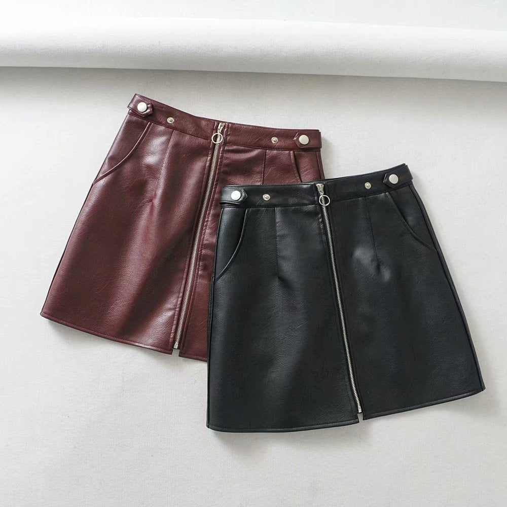 High Waist Slim Zipper PU Leather Short Skirt