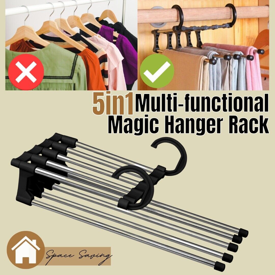 5 In1 Multi-functional Pants Rack Shelves Stainless Steel Wardrobe Magic Hanger