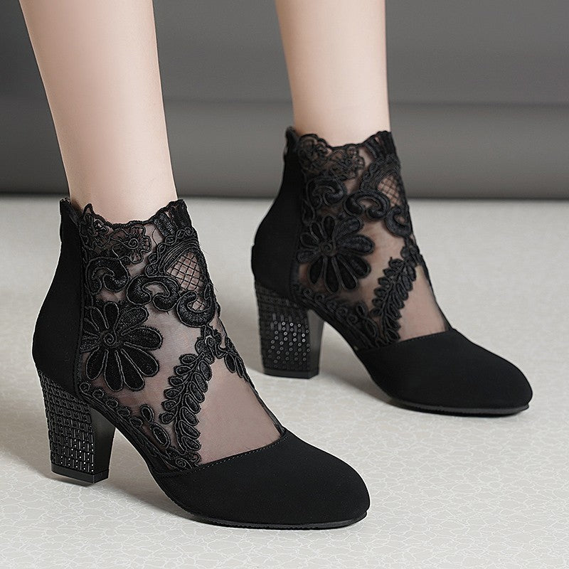 Hollow Mesh Sandals Lace High Heel