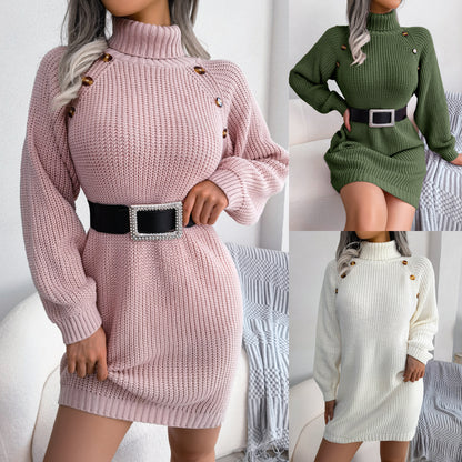 Turtleneck Long Sweater Dress With Button Design