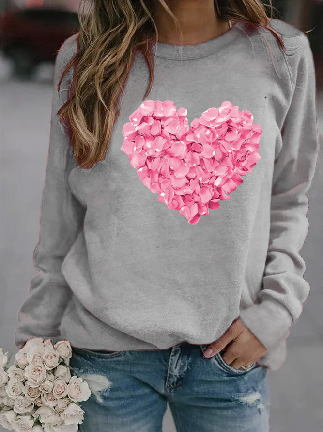 Valentine's Day Love Heart Flowers Printed Crew Neck Sweatshirt