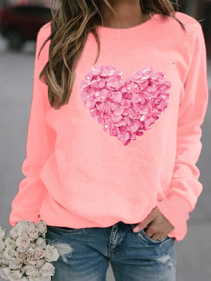 Valentine's Day Love Heart Flowers Printed Crew Neck Sweatshirt