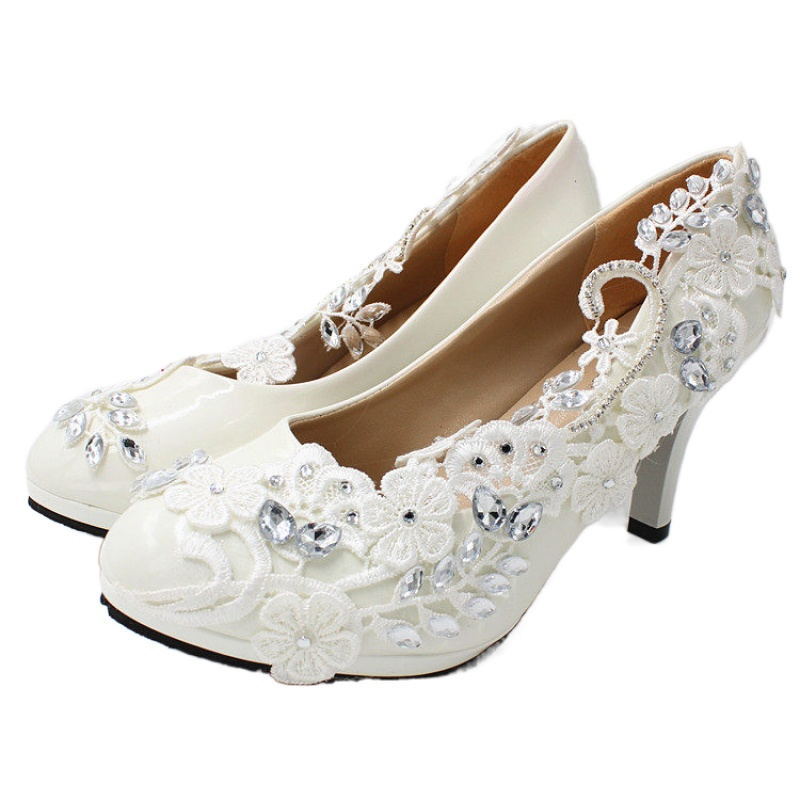 White Wedding Shoes Round Toe Leather