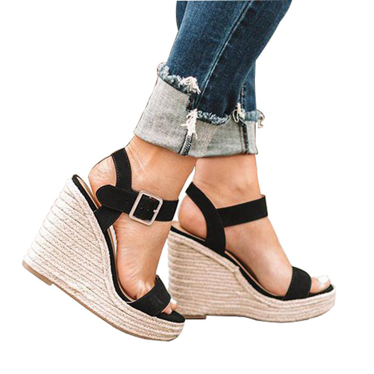 Ankle-wrap Solid Black Open Toe Platform High Heels Wedge