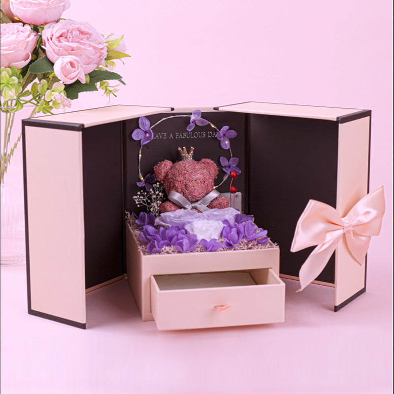 Caja de regalo de flores frescas preservadas de osito para el día de San Valentín