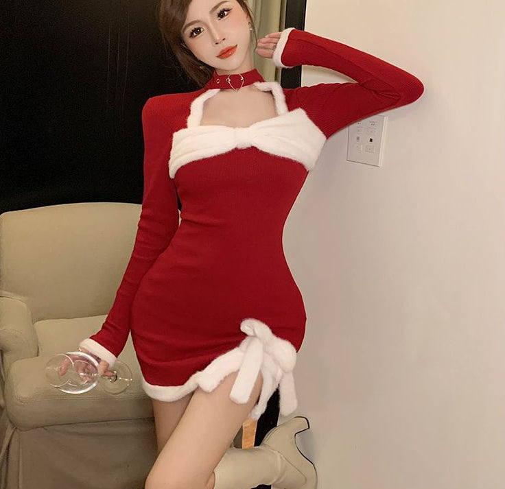 Sexy Slim Fit Slimming Red Dress w/ White Bow