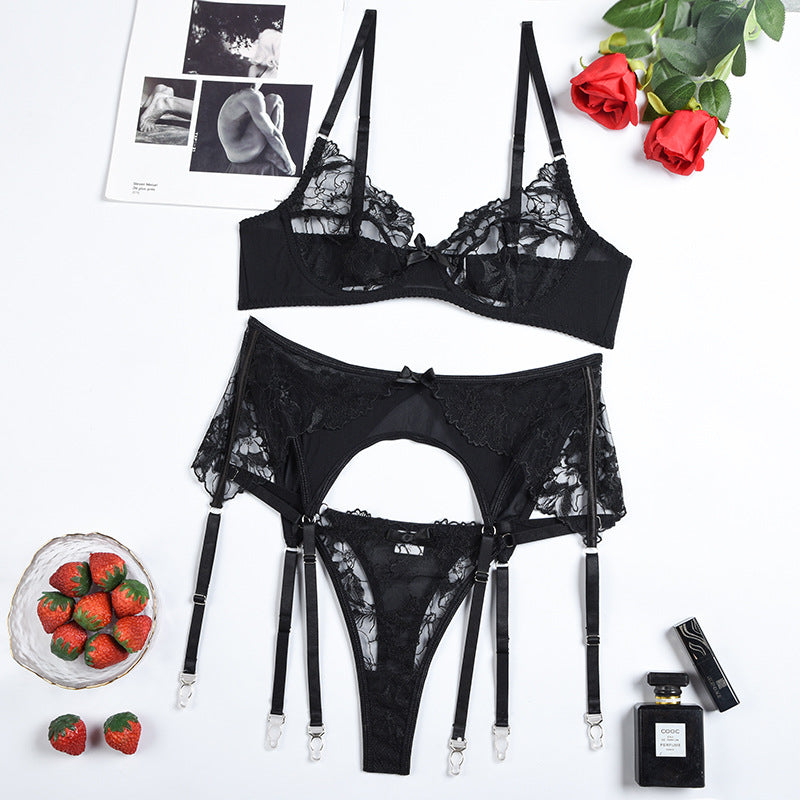 Women's Lace Mesh Black Embroidered Lingerie Set