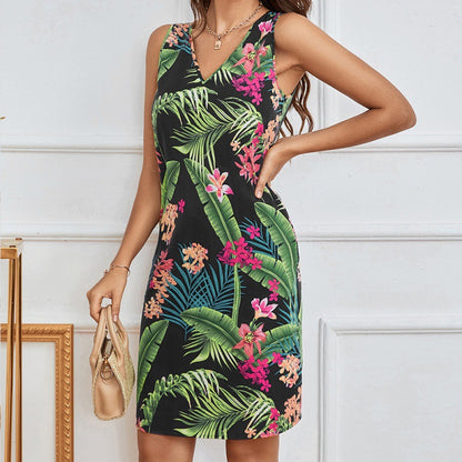 Printed Resort Style Open Back V-Neck Tank Top Dress