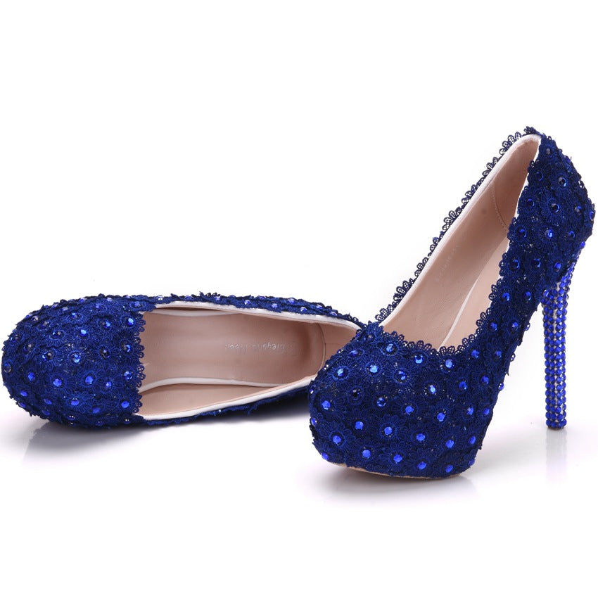 Zapatos de encaje azul con diamantes de imitación de encaje