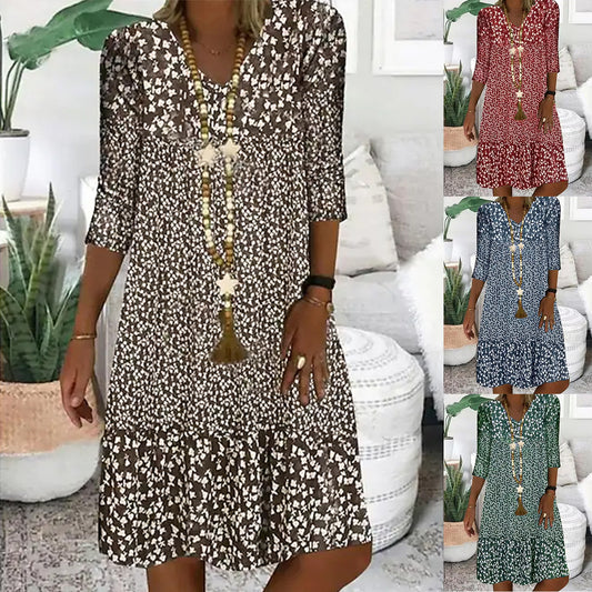 Printed V-neck Mid-length Dress