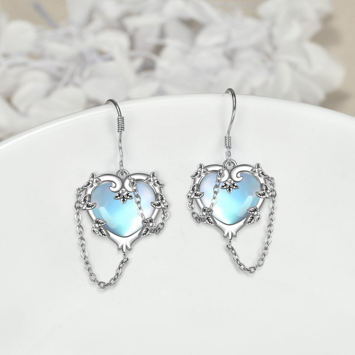 Pendientes de piedra lunar con forma de corazón de brujas, joyería de plata de ley 925 para mujer