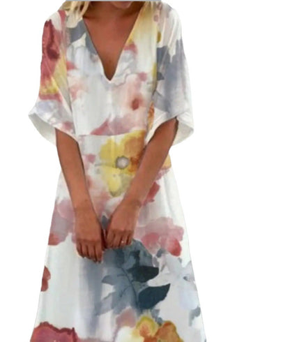 V-Neck Resort Casual Floral Print A-Line Long Dress