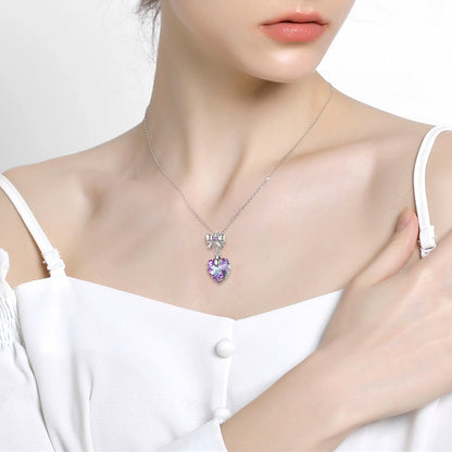 Purple Light Heart-shaped Crystal Pendant Sterling Silver 925 Bowknot Female Necklace Bracelet Diy Accessories