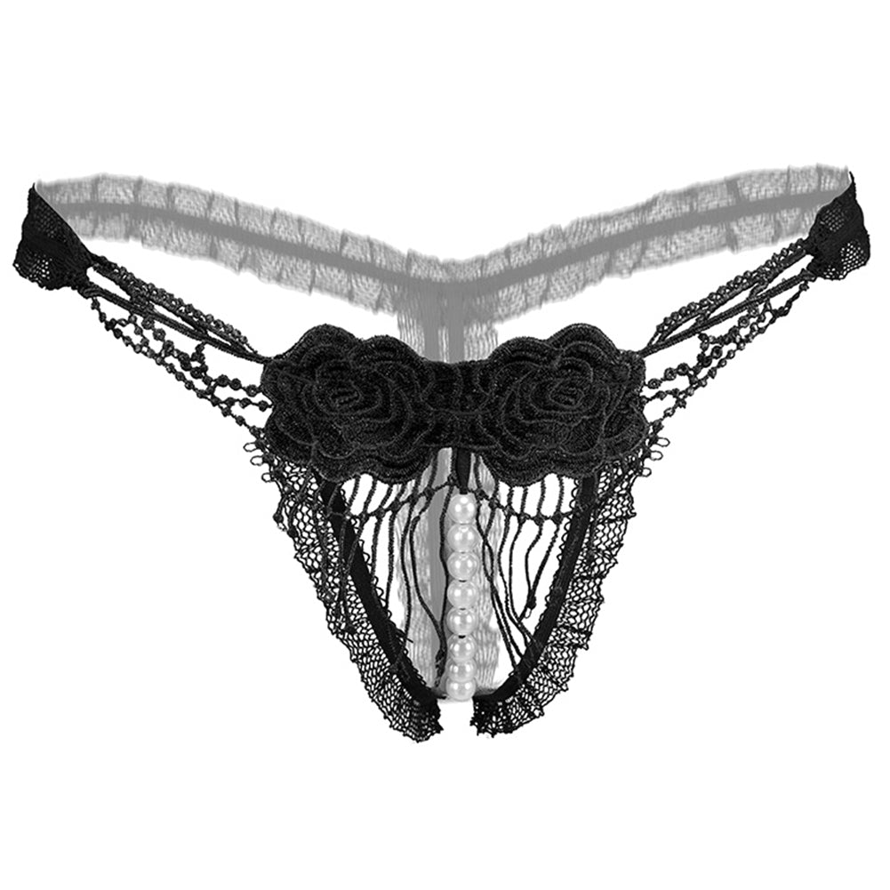 Women Sexy Faux Pearl Hollow Embroidery Rose Crotchless G-String Thong Underwear