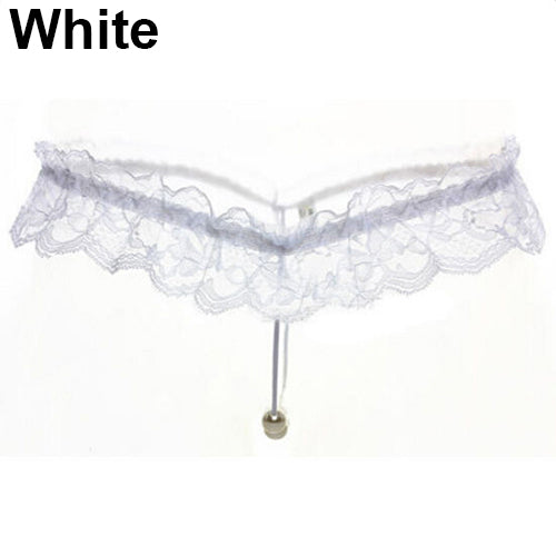 Women Sexy Faux Pearl Decor Crotch Thong Lace G-string Panties Underwear