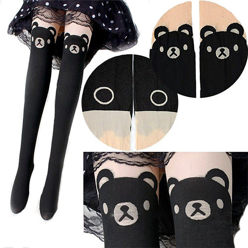 Women Fashion Cartoon Cute Bear Print Thigh-High Socks Tattoo Tights Pantyhose