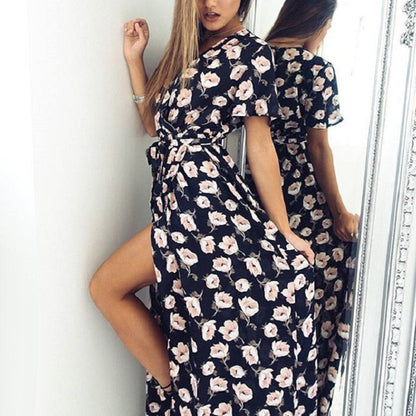 Vestido de manga corta holgado con estampado de flores sexy para mujer con cuello en V informal