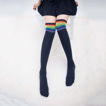 Women Girl Rainbow Stripe Tube Dress Over the Knee Thigh High Cosplay Socks