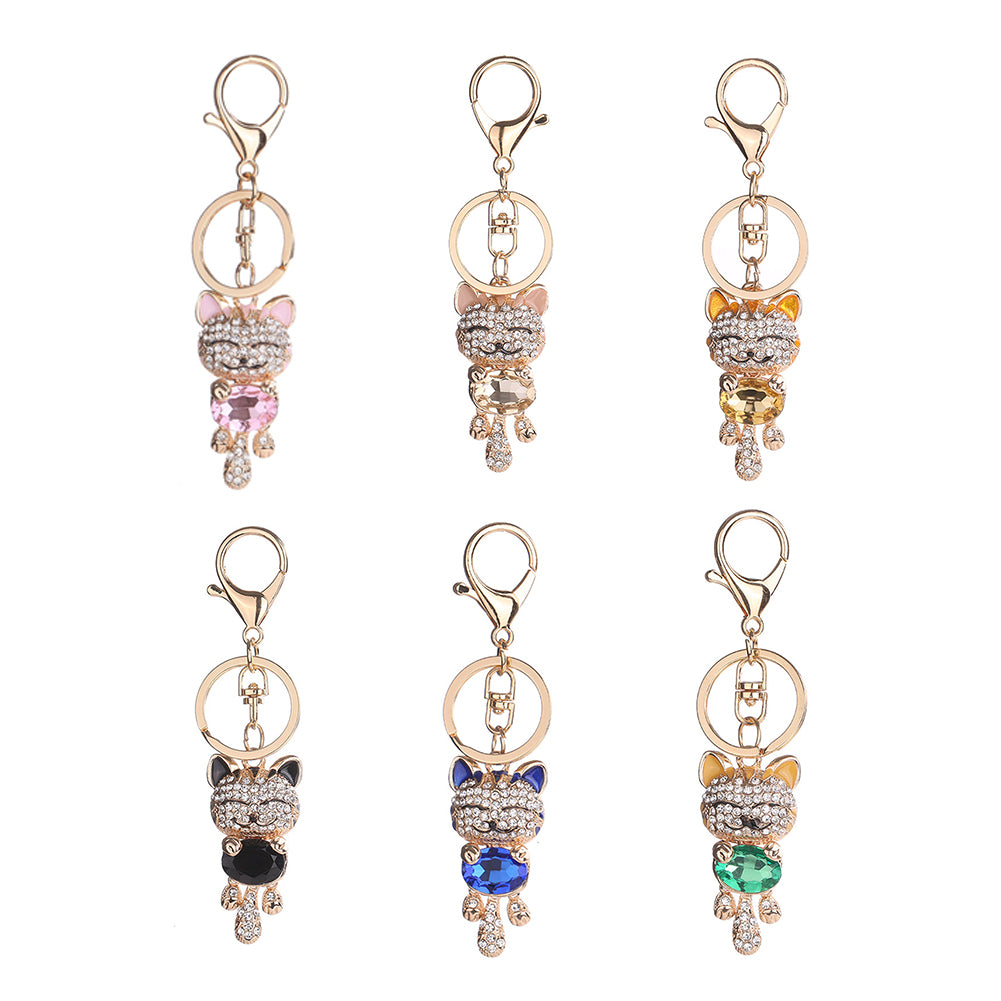 Women Lucky Cat Rhinestones Bag Hanging Keychain Key Ring Clasp Car Accessories