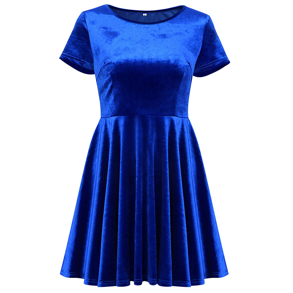 Fashion Women Short Sleeve Round Neck Solid Color Velvet Full-skirt Dress