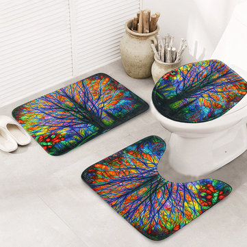 3Pcs Christmas Colorful Tree Mat Bathroom Rug Anti-slip Lid Toilet Cover Bath Mat Pedestal Rug - The Styky Shack