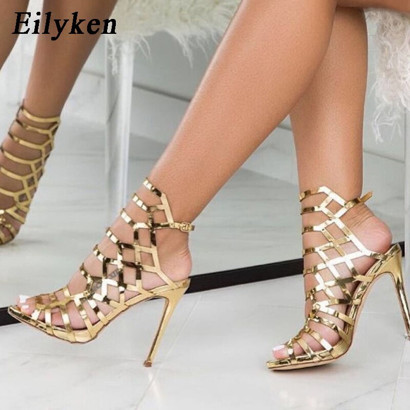 New Sexy Golden Gladiator Sandals Thin Heels Buckle Strap Wedding Pumps Platform Sandals - The Styky Shack