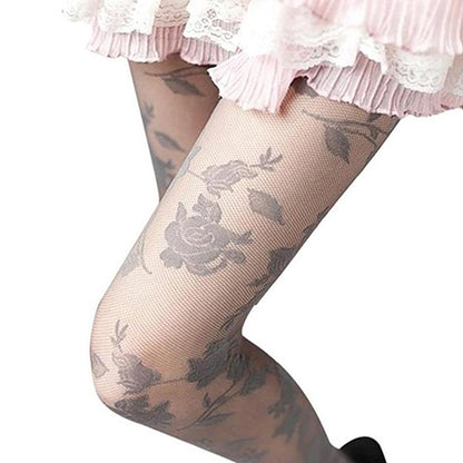 Women Fashion Rose Pattern Tight Lace Pantyhose Sexy See-through Stockings