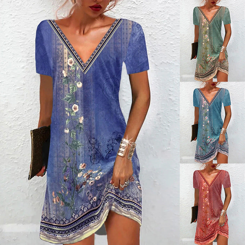 ON SALE!!! 50% OFF!!! Printed Casual V-Neck Short Sleeve Dress