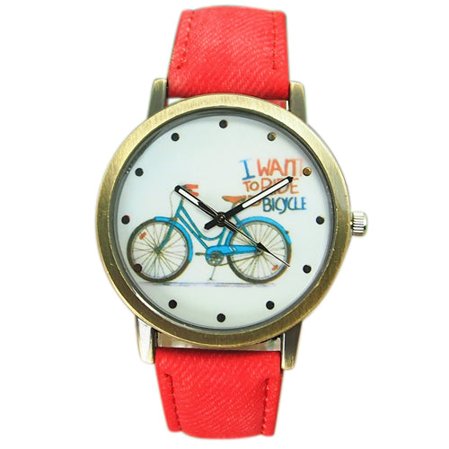 Women's Fashion Bike Bronze Jean Fabric Watchband Quartz Analog Wrist Watch